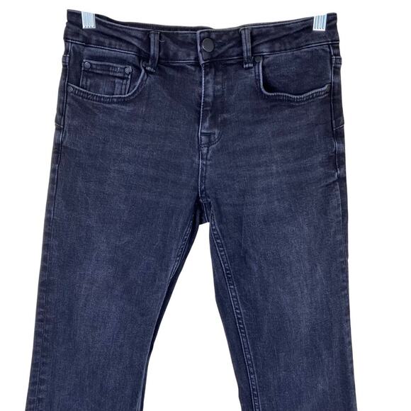 Zara Sz 6 Charcoal Washed Black Slim Flare Jeans Mid Rise Stretchy Raw Hem - Picture 3 of 16